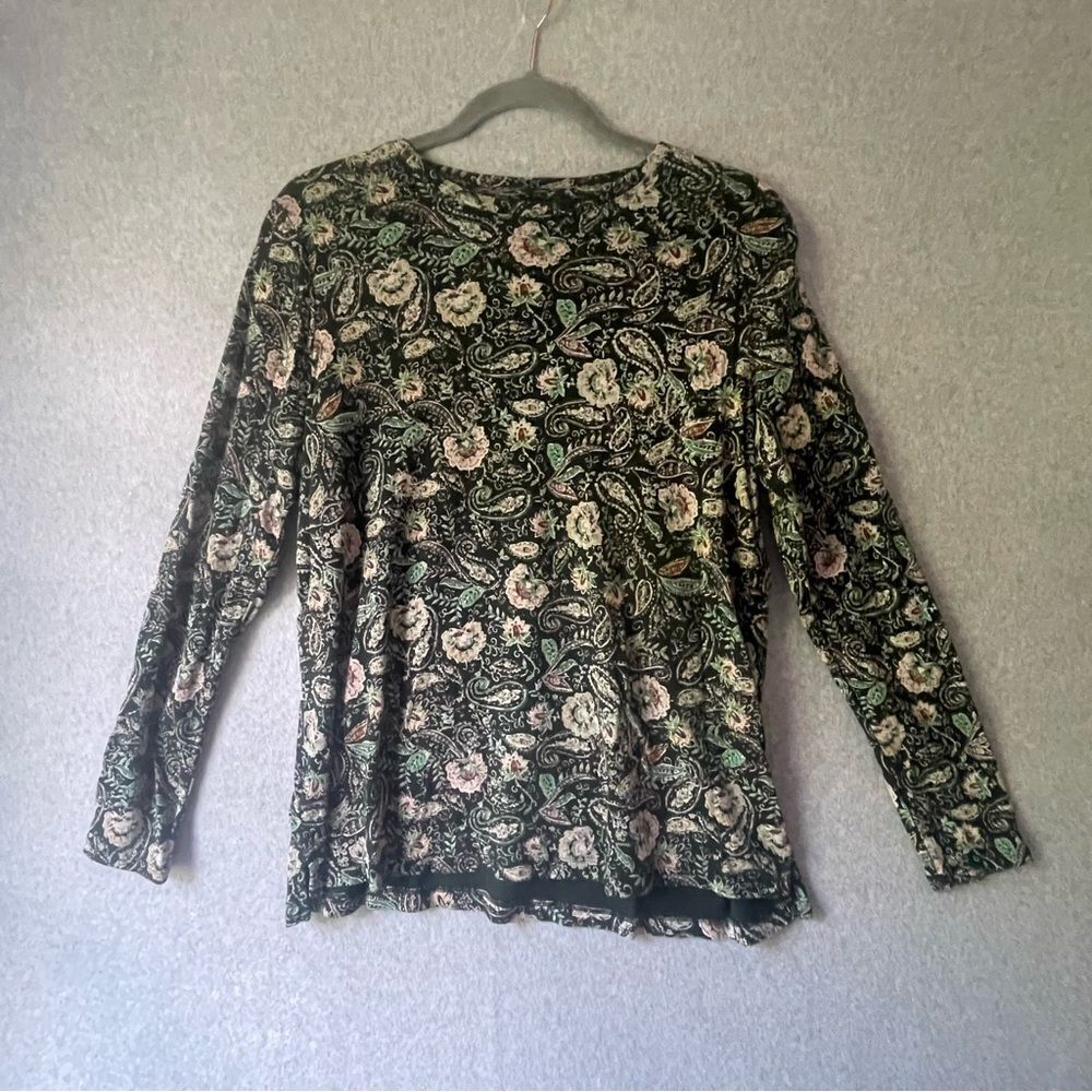 J. Jill Pima Crew Neck Floral High Low Long Sleeve Top Medium